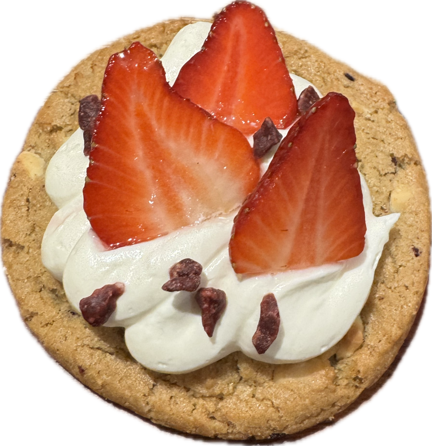 Cookie artesanal cubierta de crema de mascarpone y fresas frescas